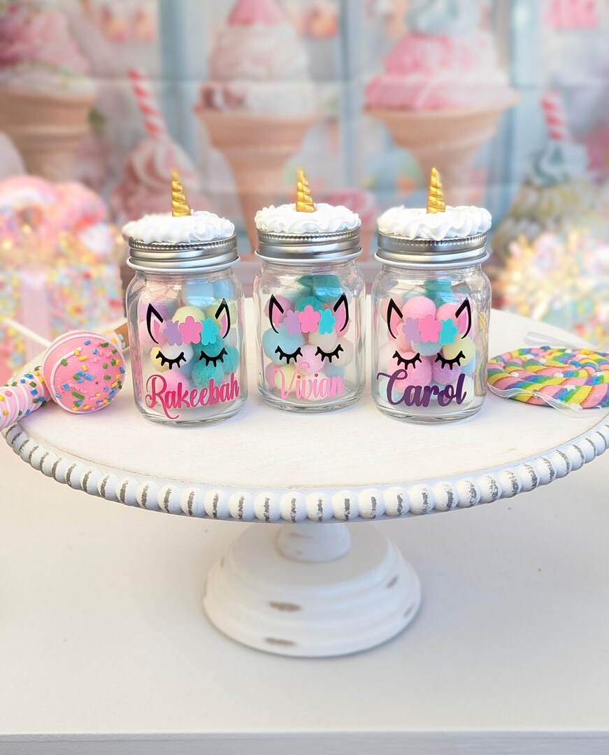 Personalized Unicorn Party favors, Small candy jar birthday party Gift, Kids Chocolate Prize Jar, Guess the Candy Container, Girls Unicorn